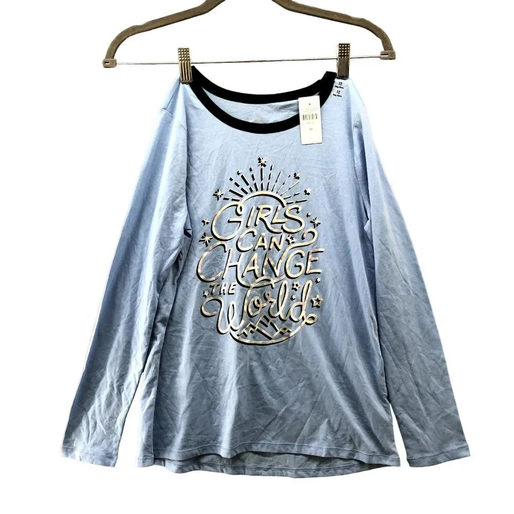 NWT Justice Girls Size 12 Long Sleeve T Shirt Blue Girls‎ Can Change The World